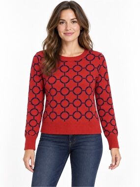 Joe Fresh Red Navy Geometric Knit Sweater Medium Retro Mod Preppy